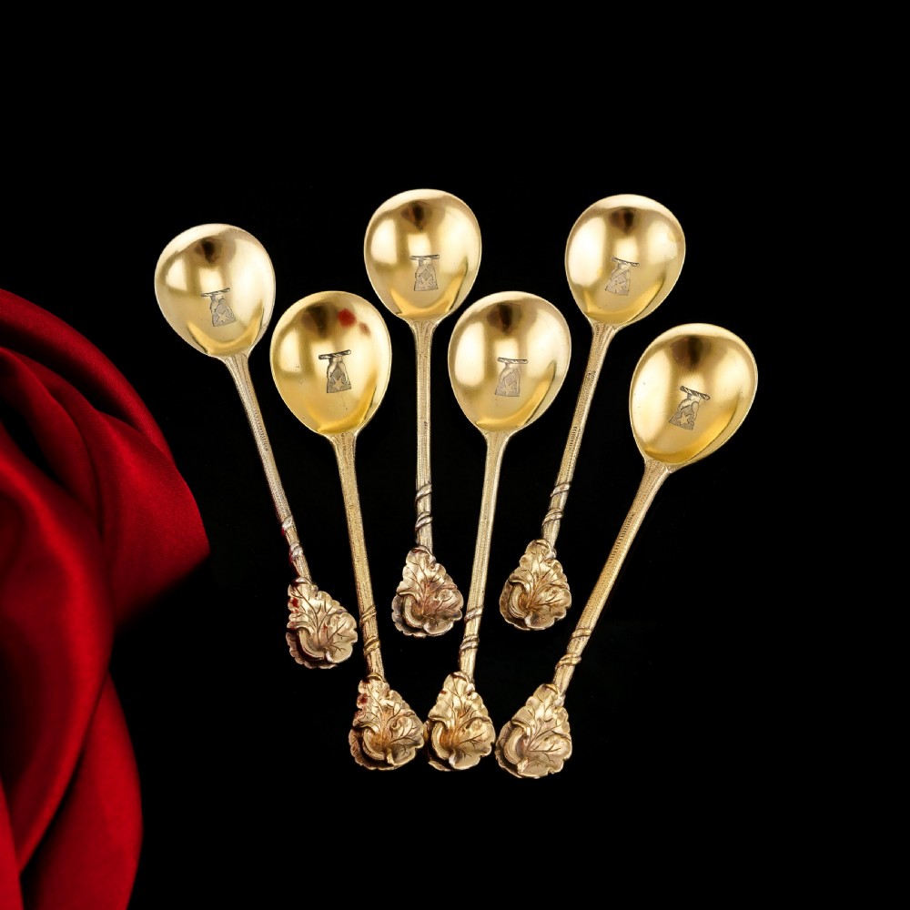 Antique Victorian Solid Silver Gilt Set of 6 Spoons in Naturalistic Leaf Design - Francis Higgins 1875 View XVI