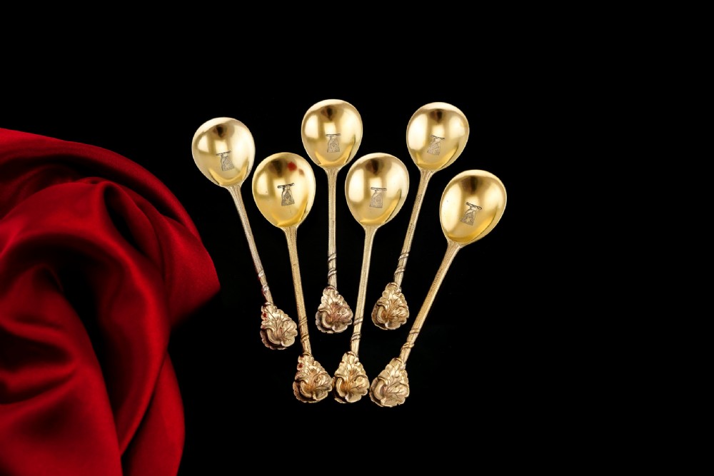 Antique Victorian Solid Silver Gilt Set of 6 Spoons in Naturalistic Leaf Design - Francis Higgins 1875 View XVII