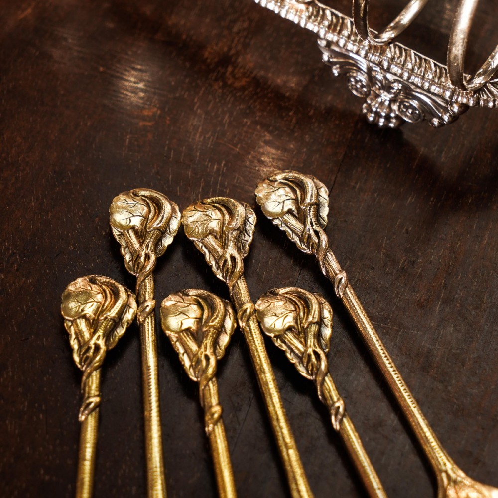 Antique Victorian Solid Silver Gilt Set of 6 Spoons in Naturalistic Leaf Design - Francis Higgins 1875 View XVIII
