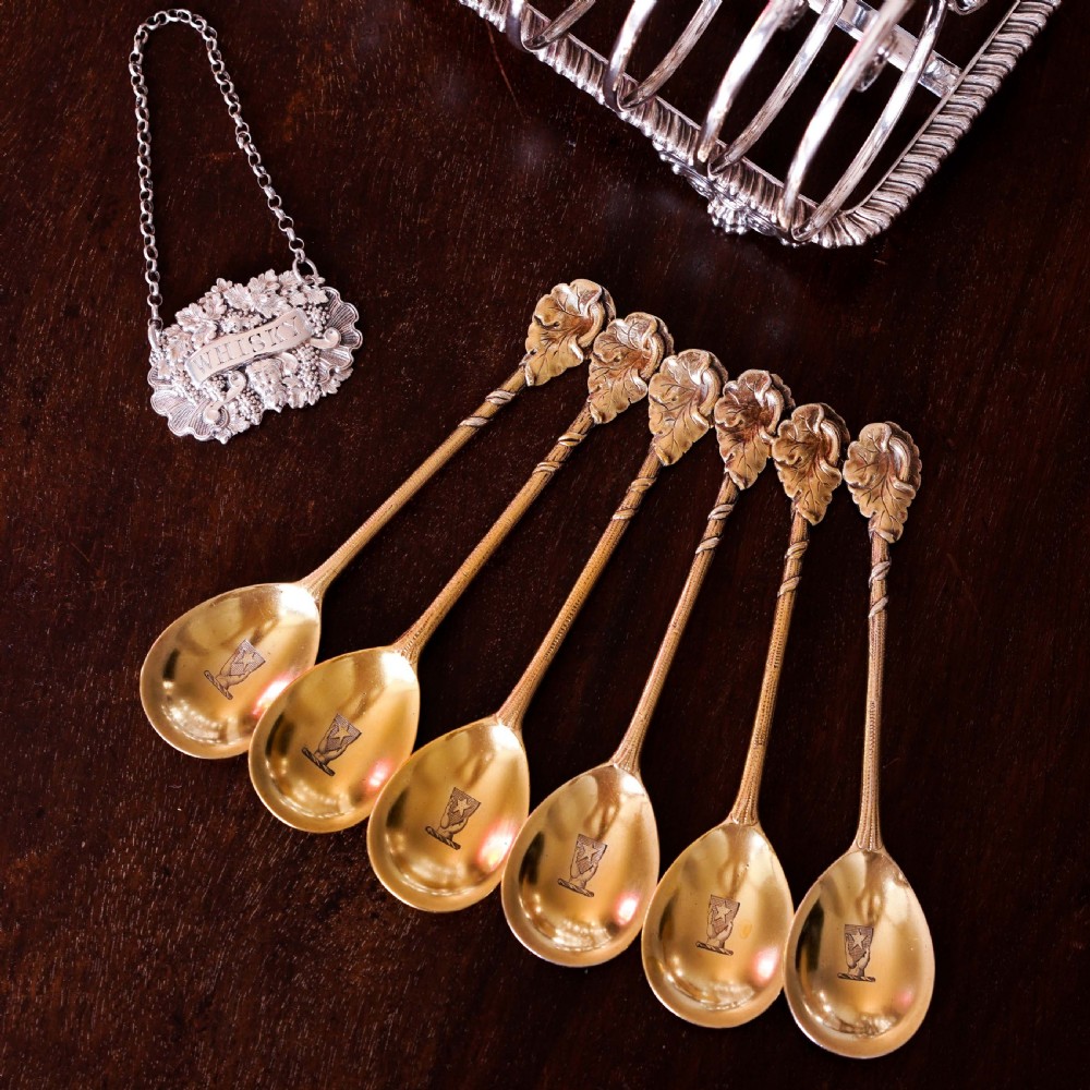Antique Victorian Solid Silver Gilt Set of 6 Spoons in Naturalistic Leaf Design - Francis Higgins 1875 View XIX