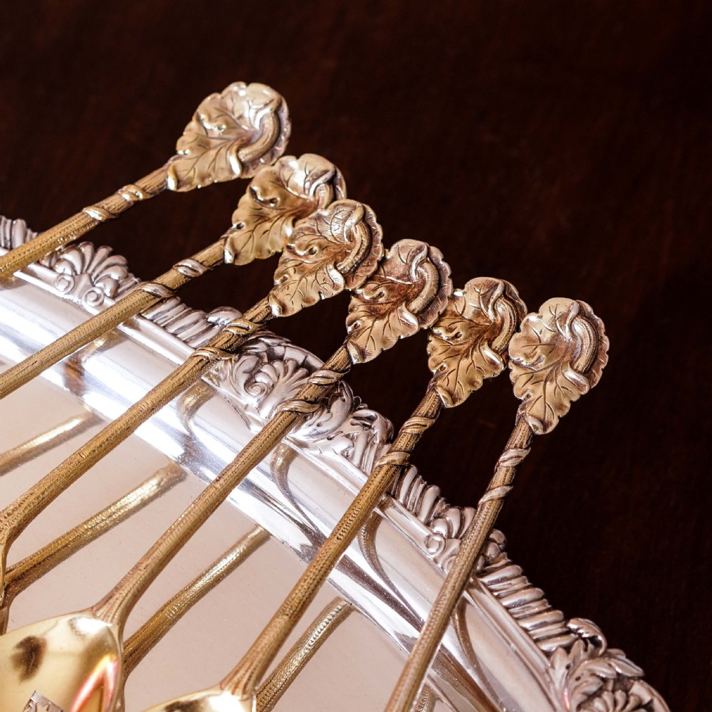 Antique Victorian Solid Silver Gilt Set of 6 Spoons in Naturalistic Leaf Design - Francis Higgins 1875 View XX