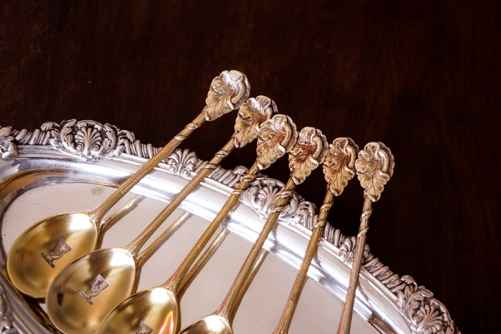 Antique Victorian Solid Silver Gilt Set of 6 Spoons in Naturalistic Leaf Design - Francis Higgins 1875 View XXI