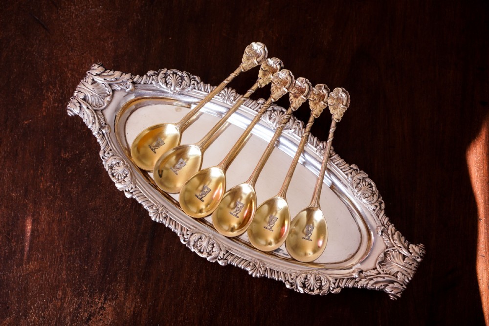 Antique Victorian Solid Silver Gilt Set of 6 Spoons in Naturalistic Leaf Design - Francis Higgins 1875 View XXII