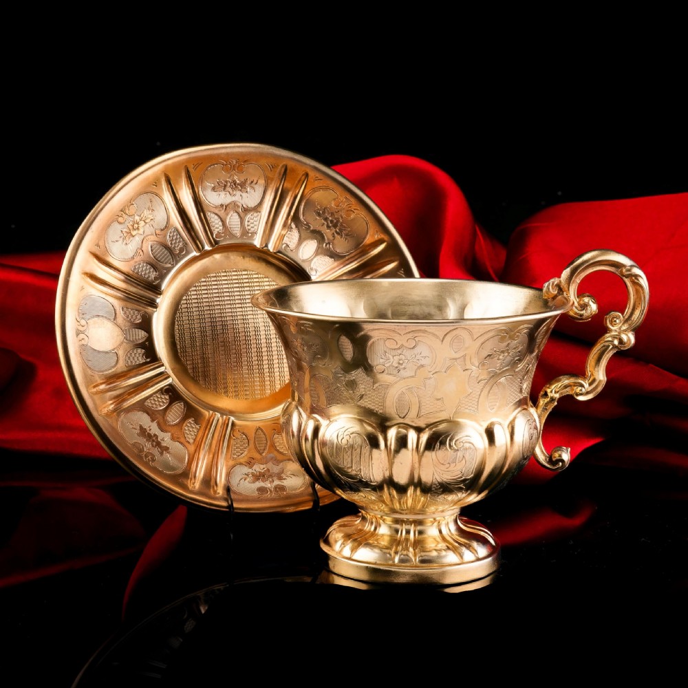Antique Solid Silver Gilt Cup & Saucer with Fine Engravings - c.1880