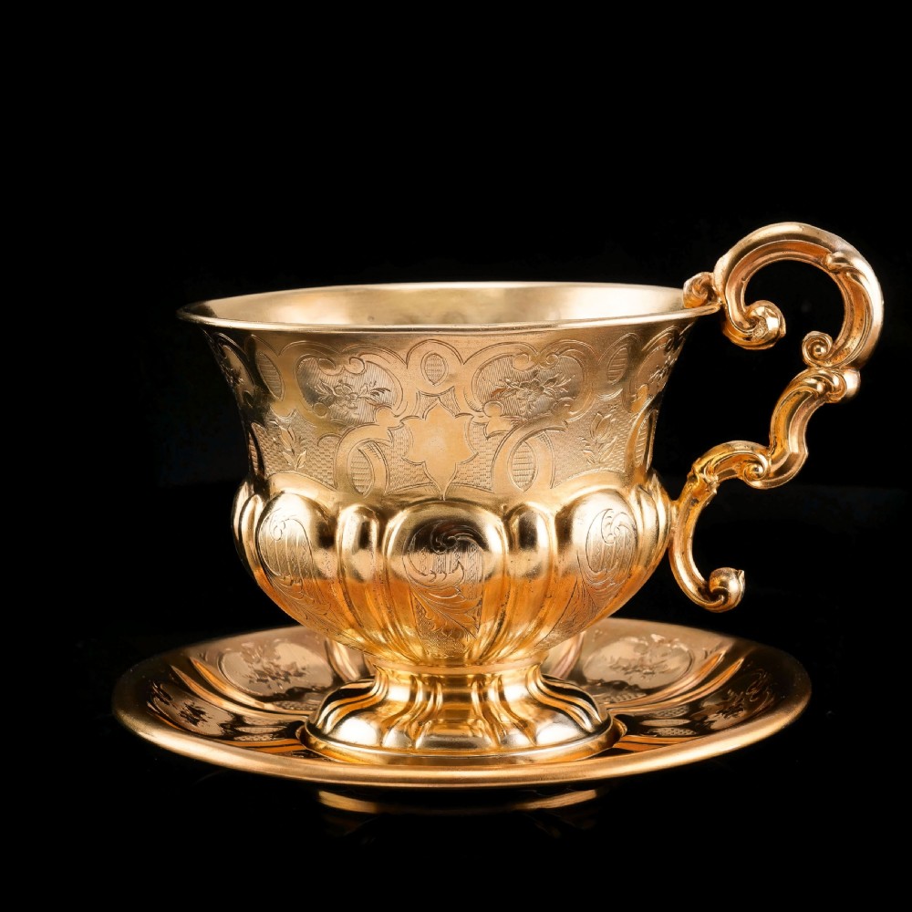 Antique Solid Silver Gilt Cup & Saucer with Fine Engravings - c.1880 View II