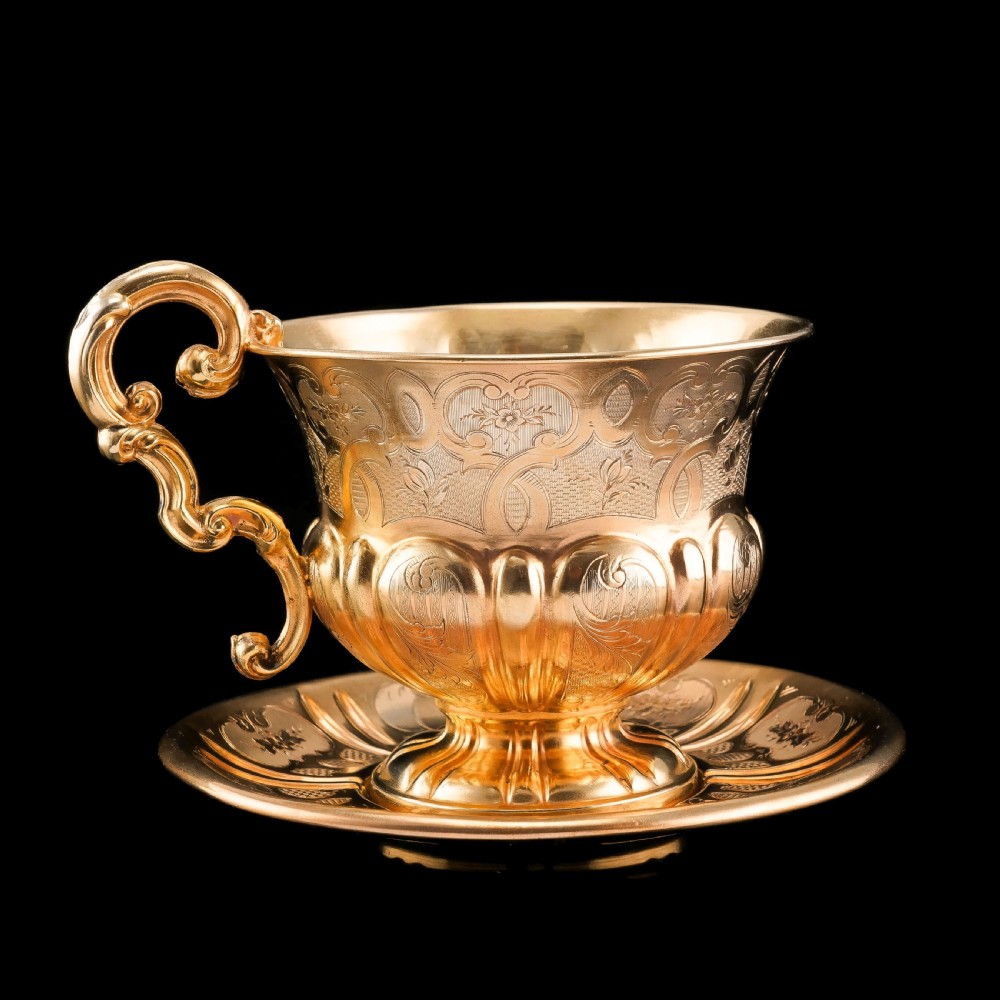 Antique Solid Silver Gilt Cup & Saucer with Fine Engravings - c.1880 View V