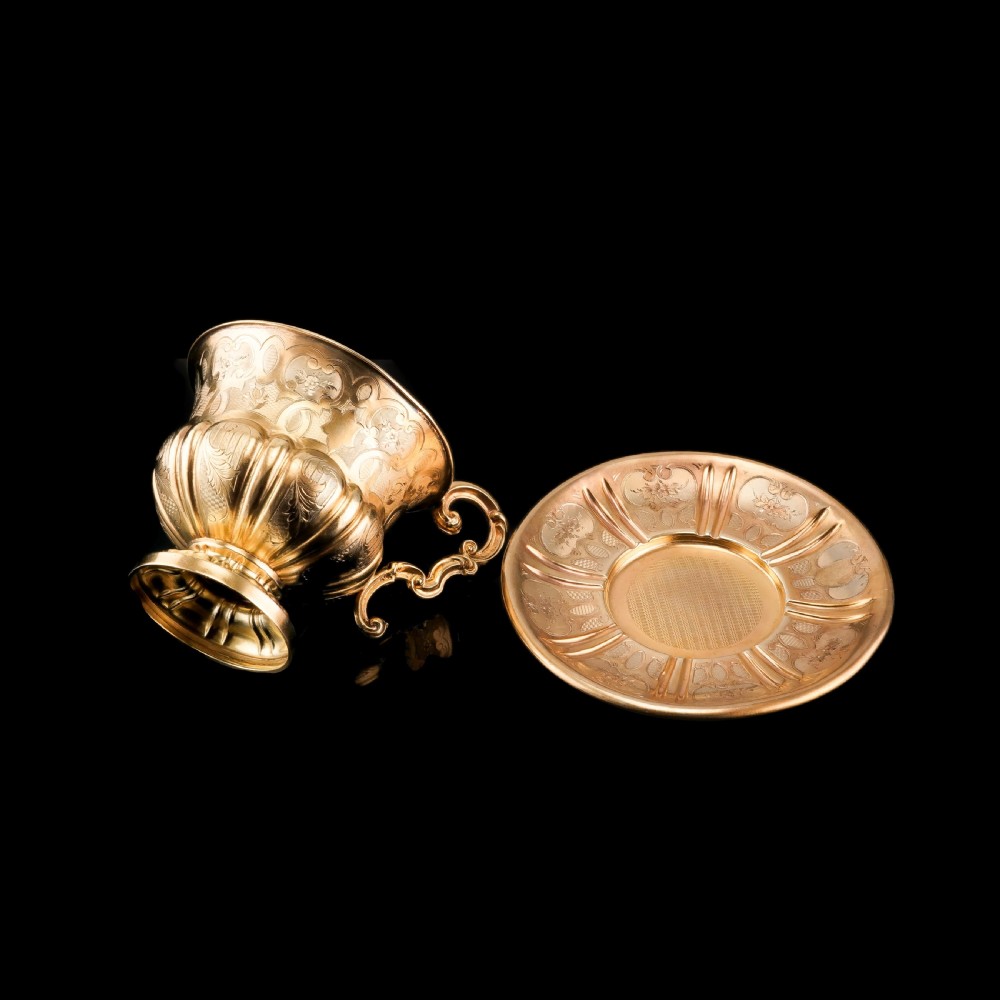 Antique Solid Silver Gilt Cup & Saucer with Fine Engravings - c.1880 View VIII