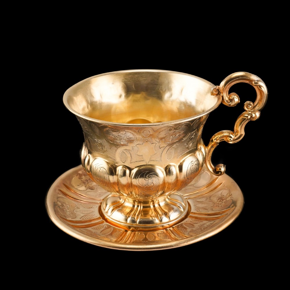 Antique Solid Silver Gilt Cup & Saucer with Fine Engravings - c.1880 View IX