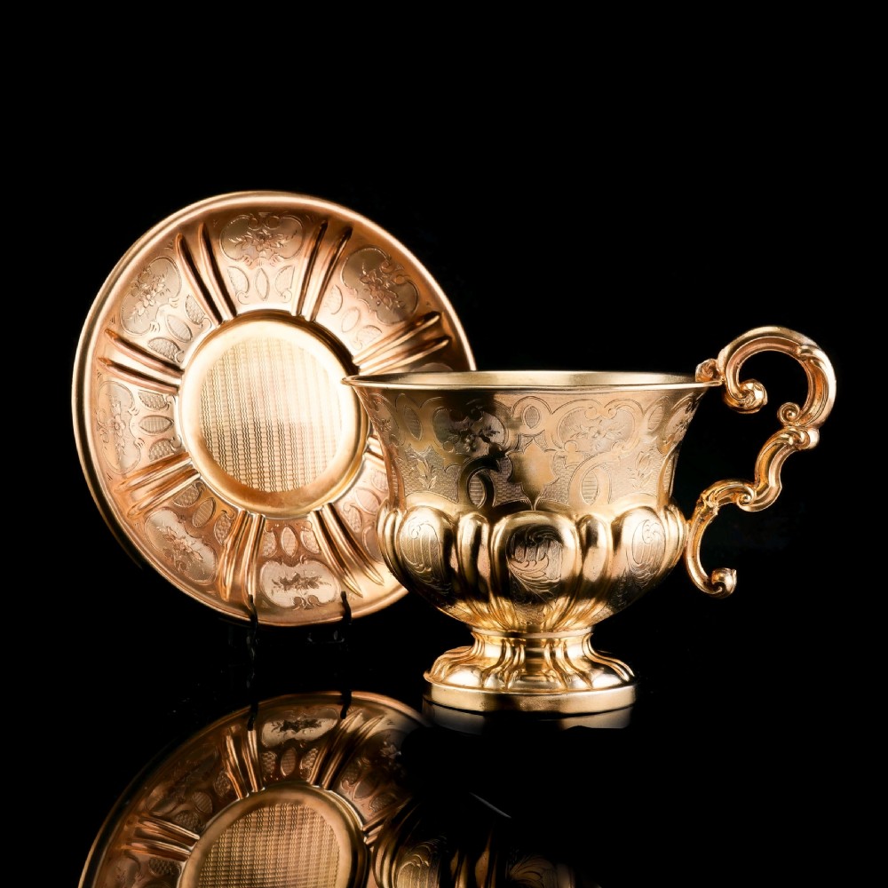 Antique Solid Silver Gilt Cup & Saucer with Fine Engravings - c.1880 View XI