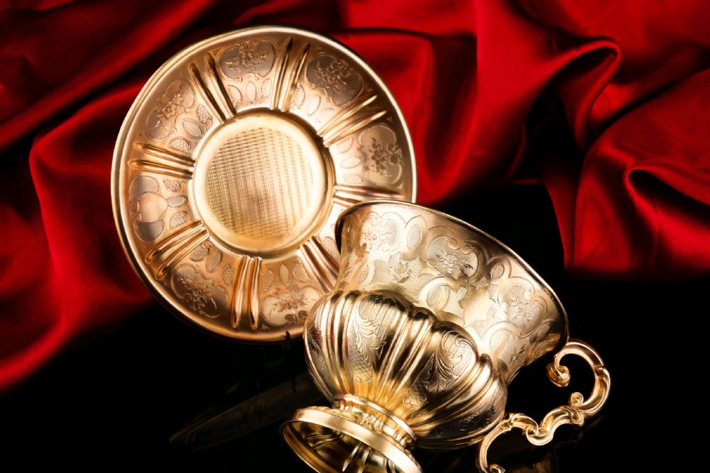Antique Solid Silver Gilt Cup & Saucer with Fine Engravings - c.1880 View XII