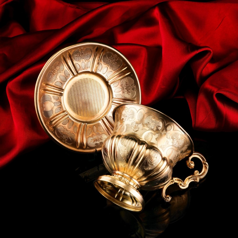 Antique Solid Silver Gilt Cup & Saucer with Fine Engravings - c.1880 View XIII