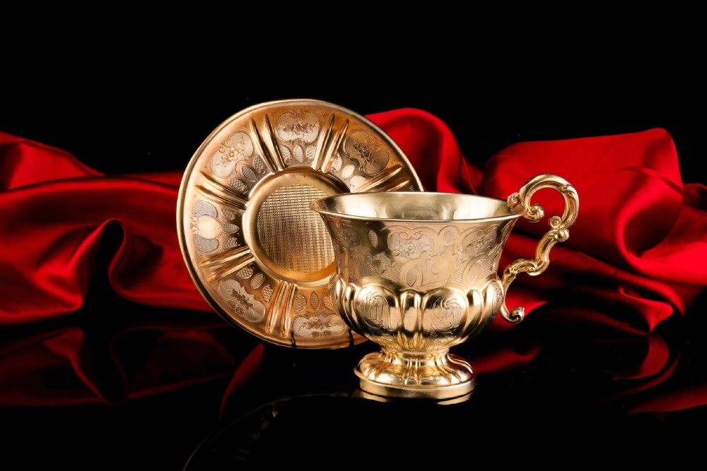 Antique Solid Silver Gilt Cup & Saucer with Fine Engravings - c.1880 View XV