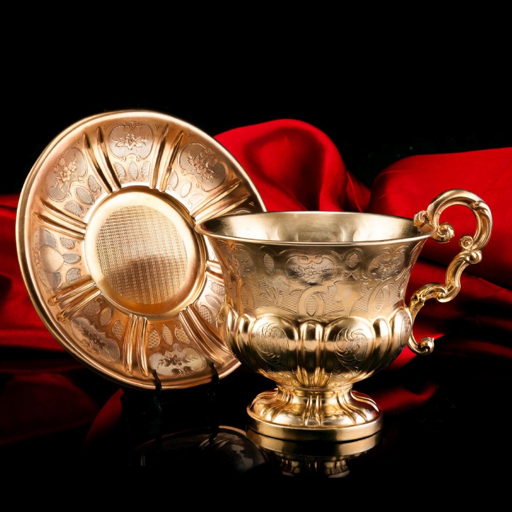 Antique Solid Silver Gilt Cup & Saucer with Fine Engravings - c.1880 View XVI
