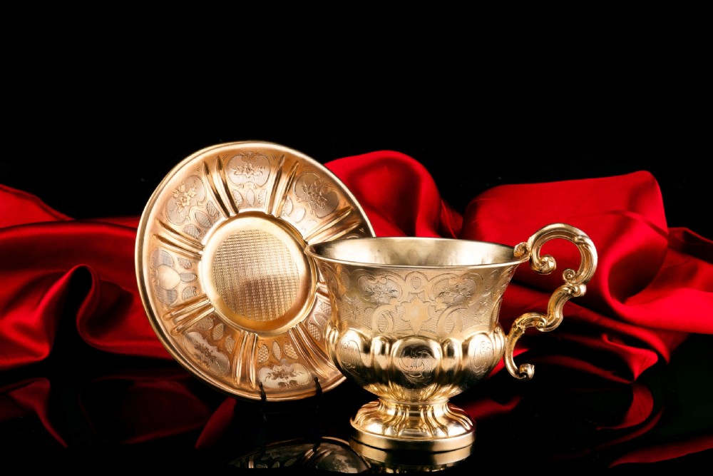 Antique Solid Silver Gilt Cup & Saucer with Fine Engravings - c.1880 View XVII