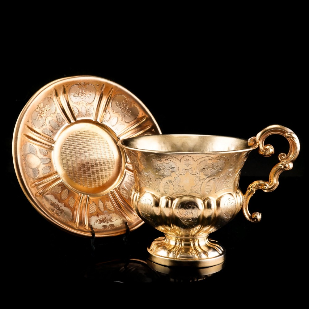 Antique Solid Silver Gilt Cup & Saucer with Fine Engravings - c.1880 View XVIII