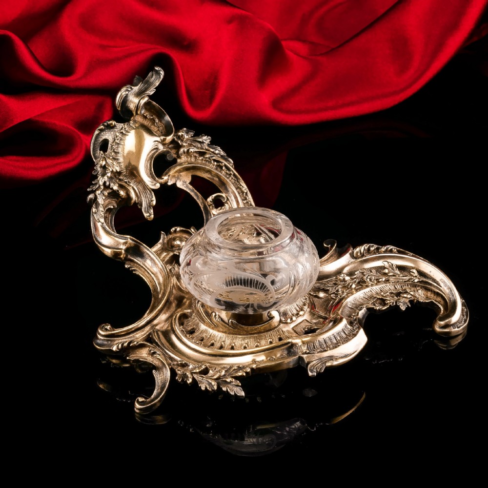 A Magnificent French Solid Silver Gilt Rococo Style Inkwell / Stand - Emile Puiforcat