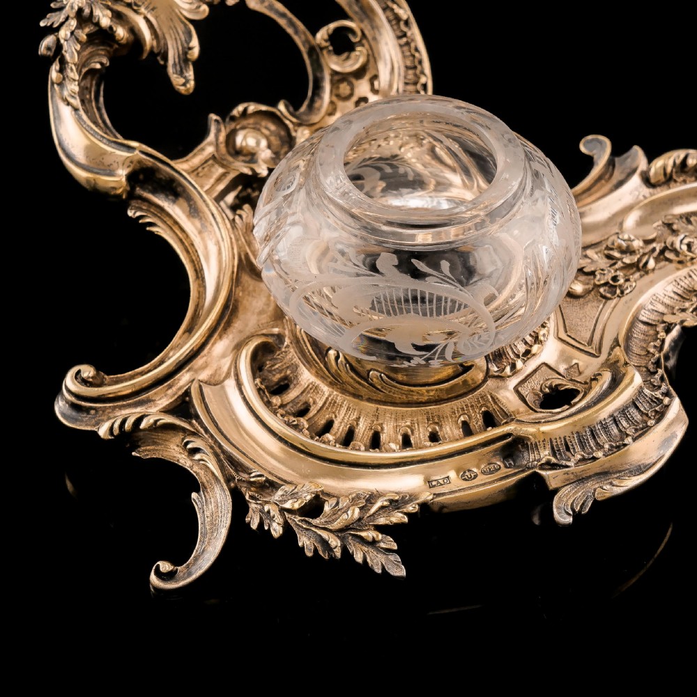 A Magnificent French Solid Silver Gilt Rococo Style Inkwell / Stand - Emile Puiforcat View XIII
