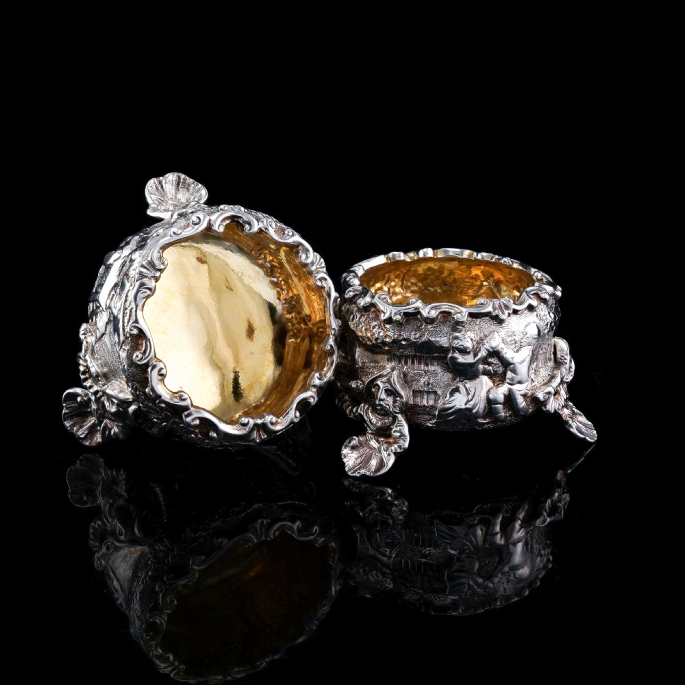 Antique Solid Silver Victorian Salt Cellars in Teniers Style - Daniel & Charles Houle 1878