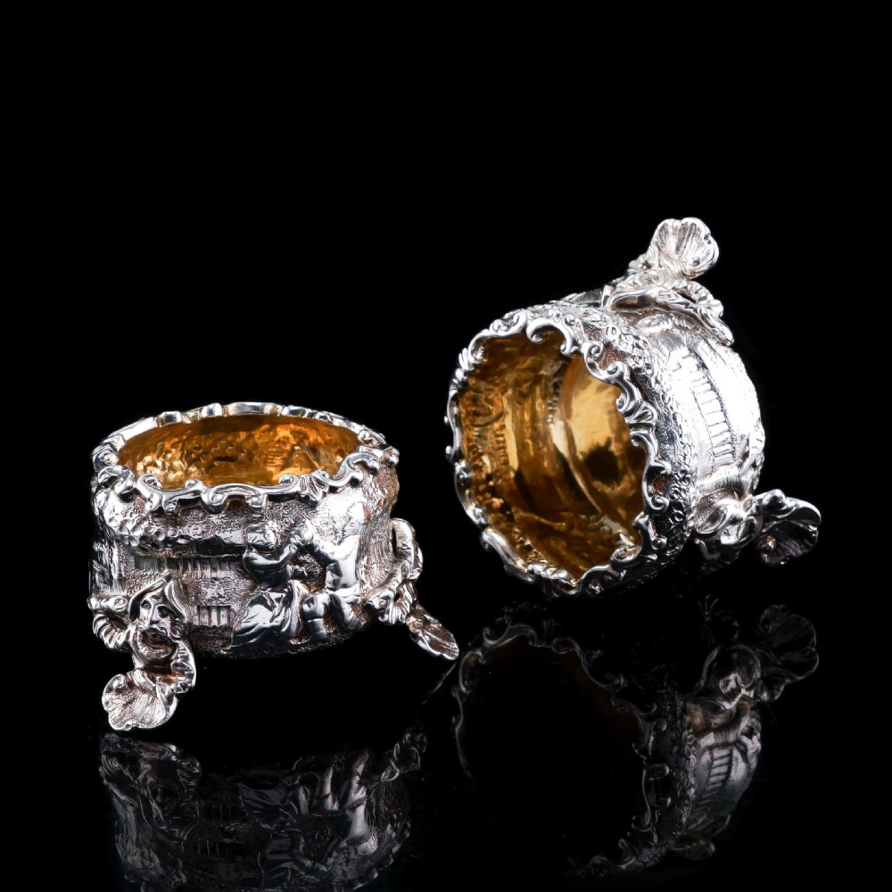 Antique Solid Silver Victorian Salt Cellars in Teniers Style - Daniel & Charles Houle 1878 View II