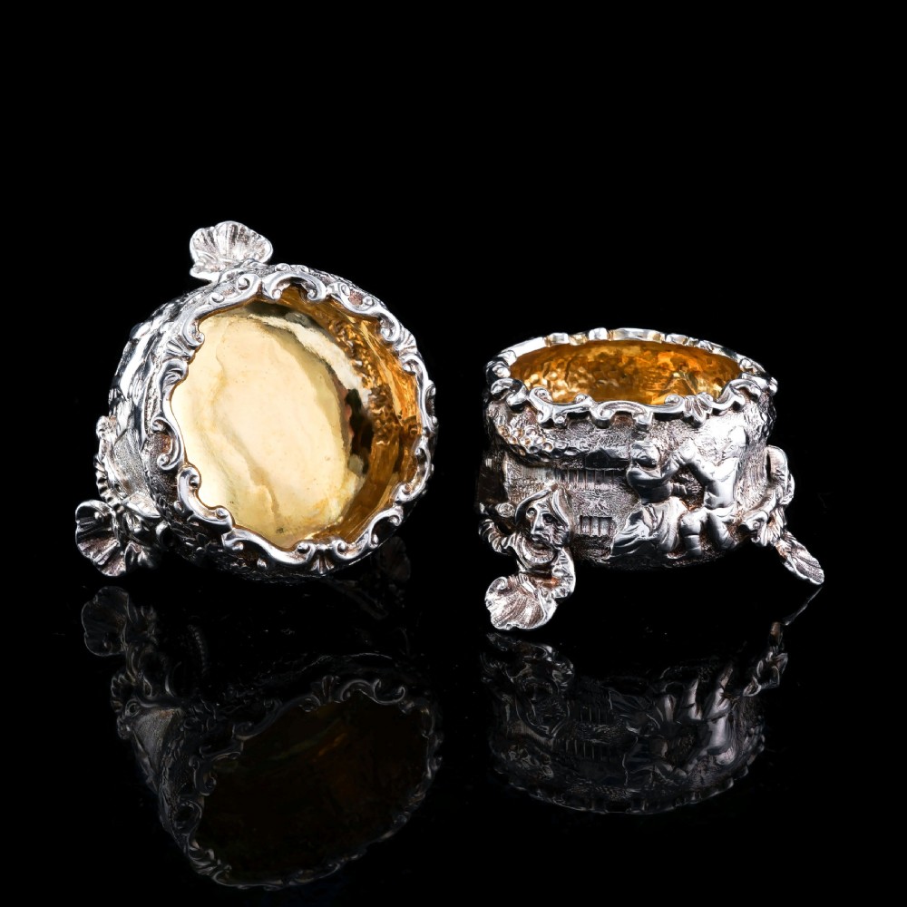 Antique Solid Silver Victorian Salt Cellars in Teniers Style - Daniel & Charles Houle 1878 View III
