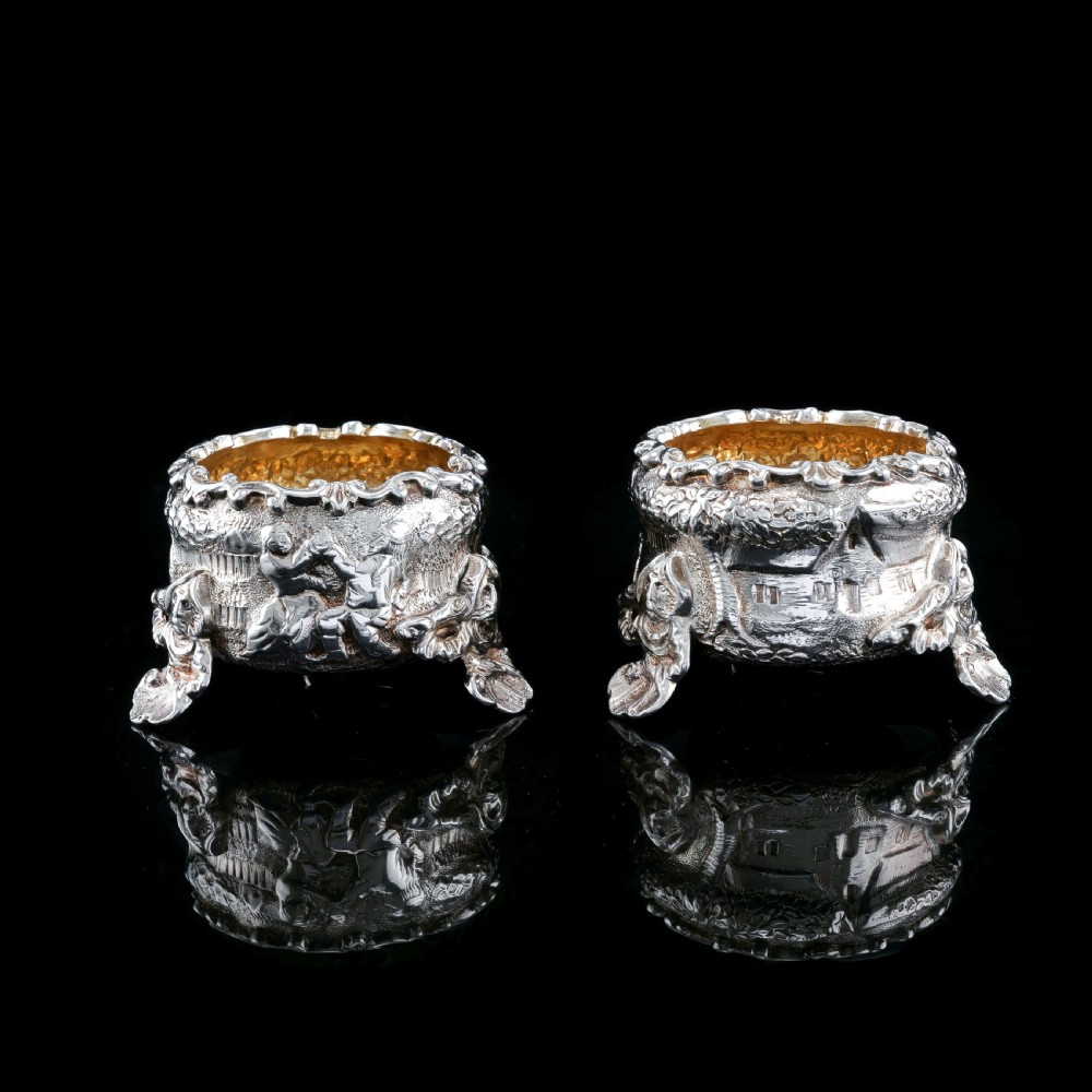 Antique Solid Silver Victorian Salt Cellars in Teniers Style - Daniel & Charles Houle 1878 View IV
