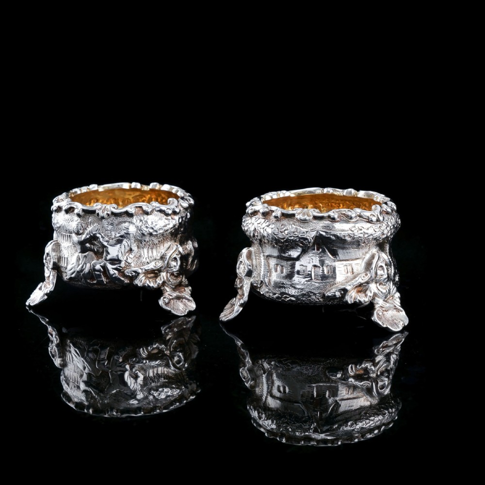 Antique Solid Silver Victorian Salt Cellars in Teniers Style - Daniel & Charles Houle 1878 View V