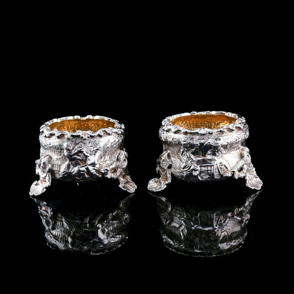 Antique Solid Silver Victorian Salt Cellars in Teniers Style - Daniel & Charles Houle 1878 View VII