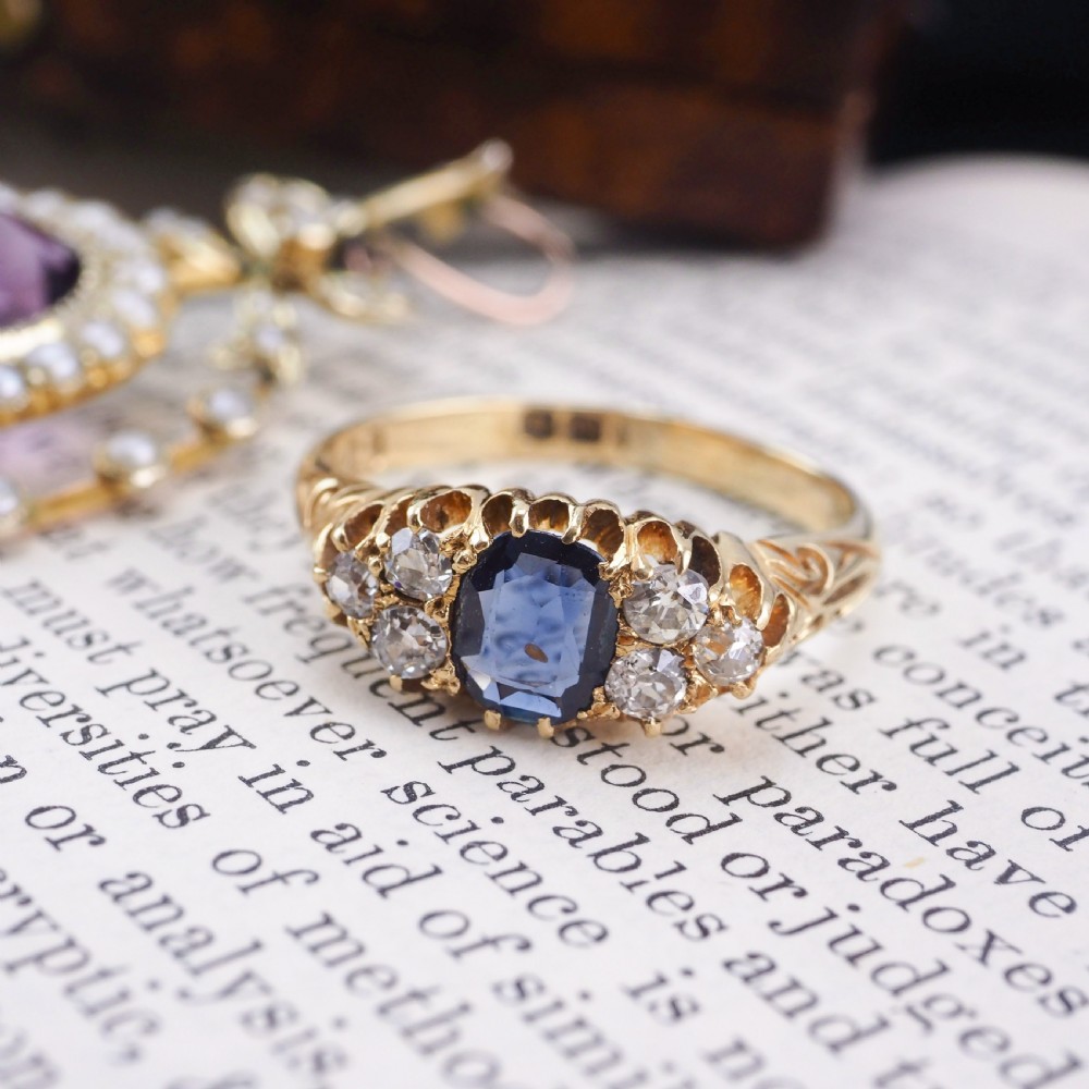 Antique Victorian 18K Gold Sapphire & Diamond Ring - c.1880 View X