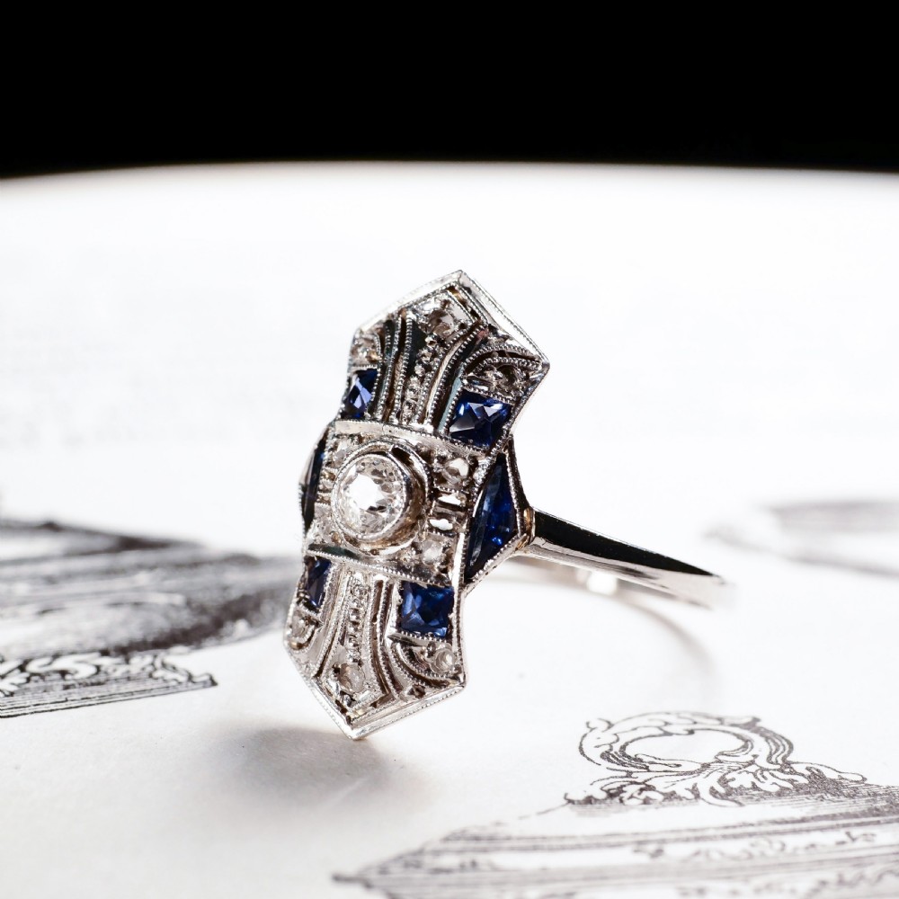 Antique Art Deco 18K White Gold Diamond & Sapphire Ring View II