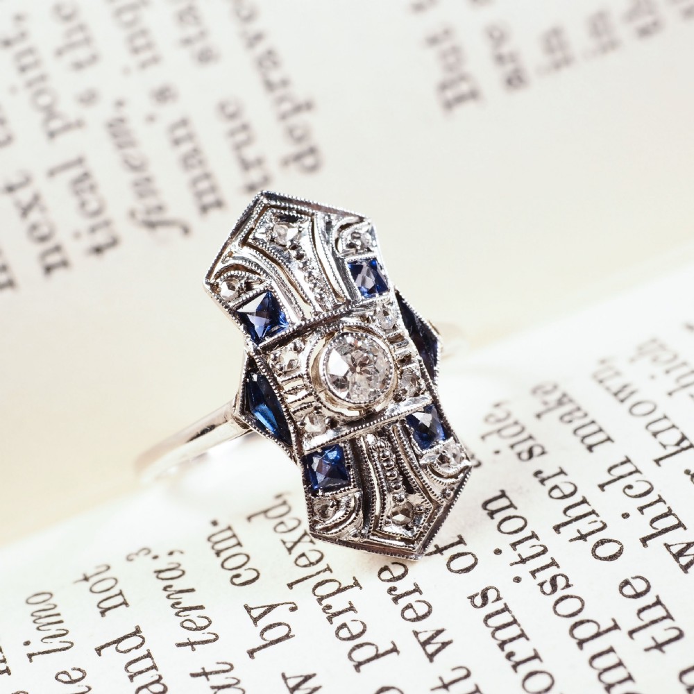 Antique Art Deco 18K White Gold Diamond & Sapphire Ring View III