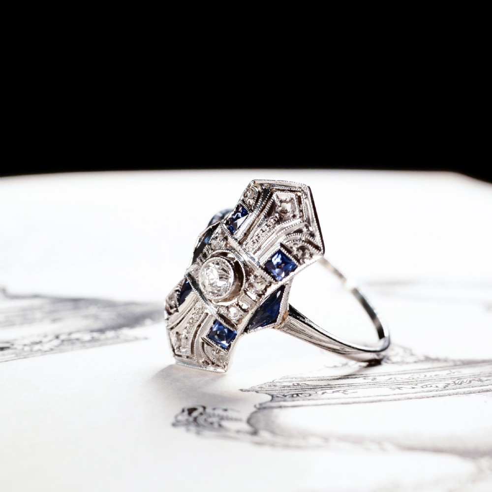 Antique Art Deco 18K White Gold Diamond & Sapphire Ring View IV
