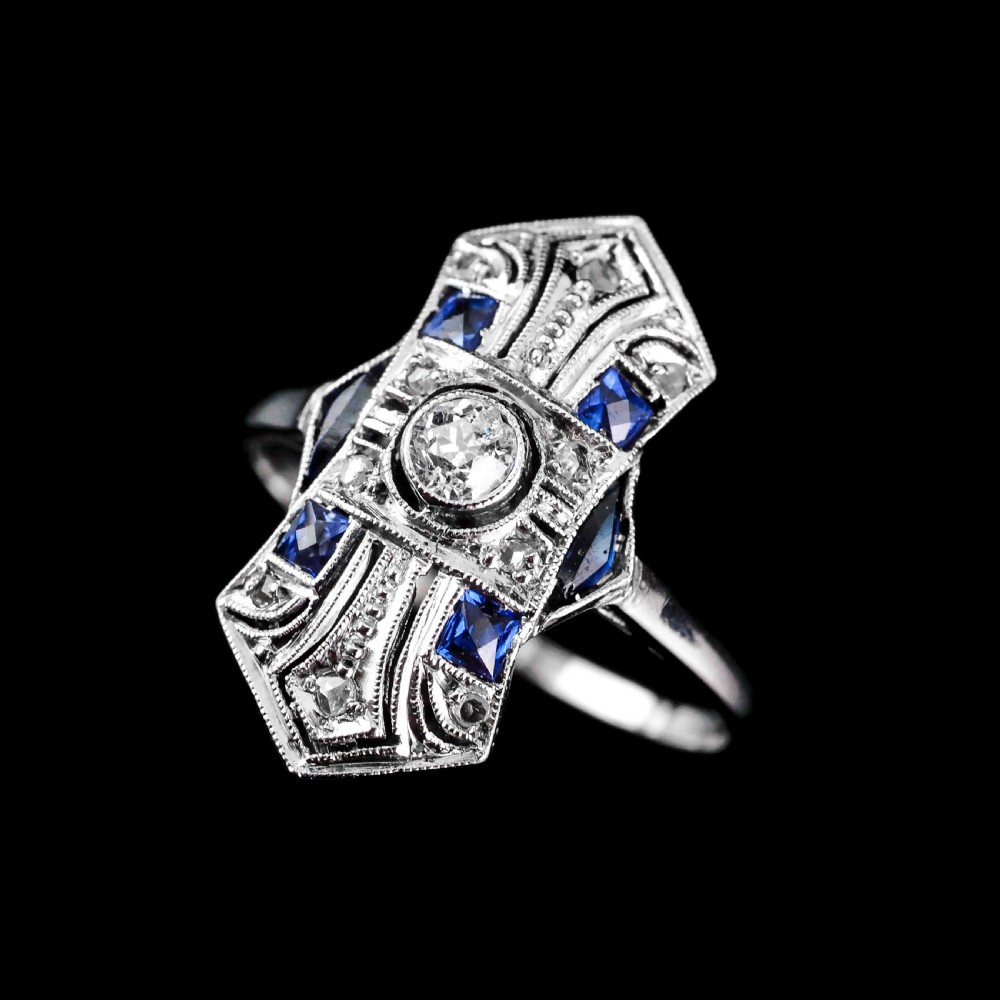 Antique Art Deco 18K White Gold Diamond & Sapphire Ring View V