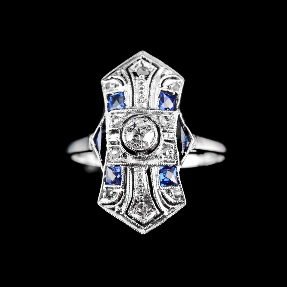 Antique Art Deco 18K White Gold Diamond & Sapphire Ring View VI