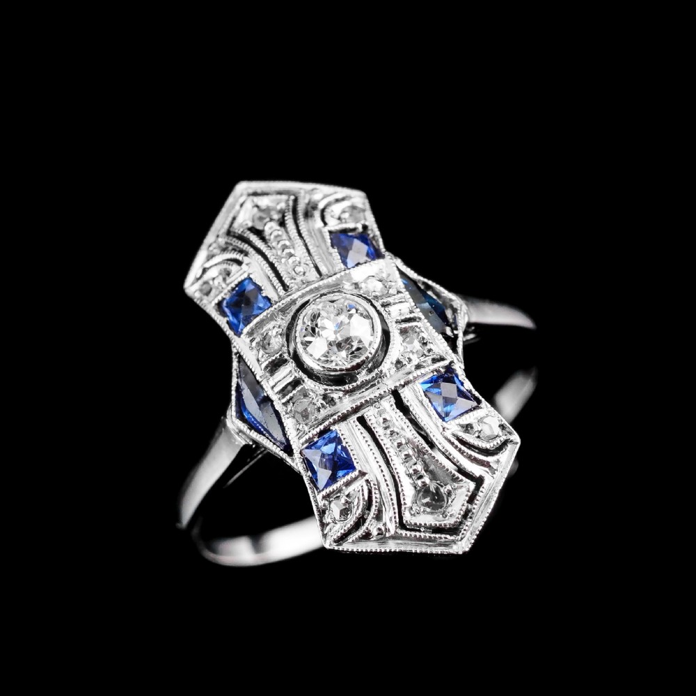 Antique Art Deco 18K White Gold Diamond & Sapphire Ring View VII