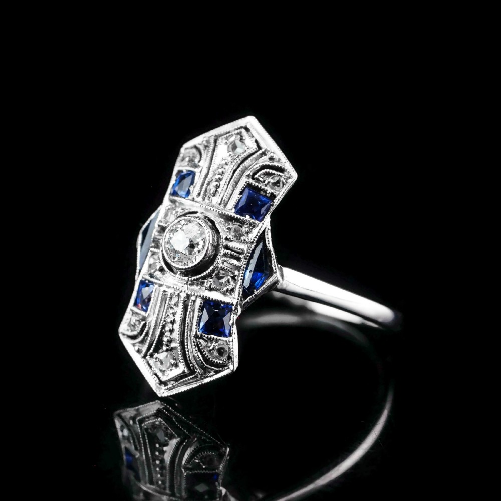 Antique Art Deco 18K White Gold Diamond & Sapphire Ring View IX