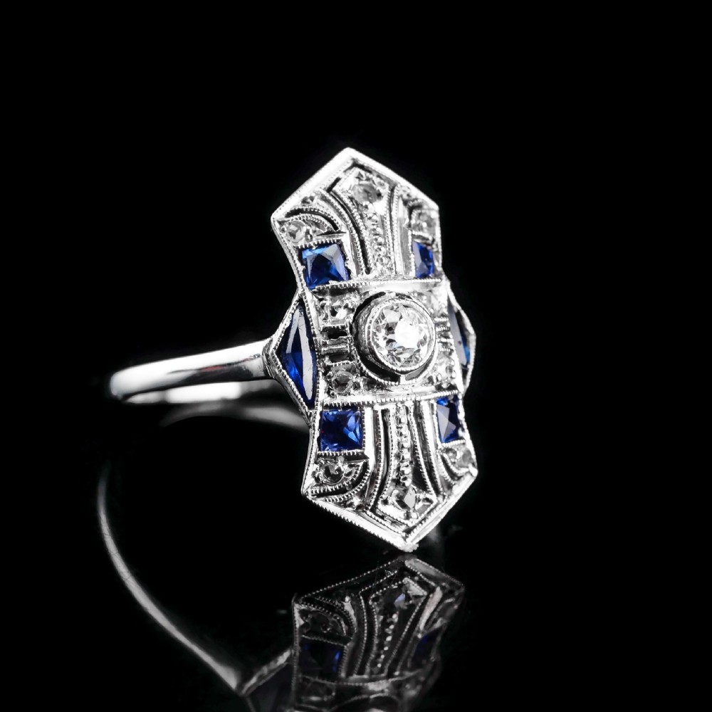 Antique Art Deco 18K White Gold Diamond & Sapphire Ring View X