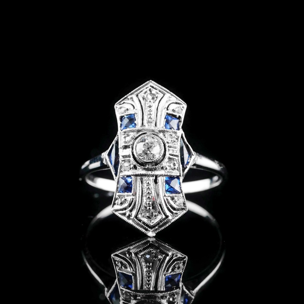 Antique Art Deco 18K White Gold Diamond & Sapphire Ring View XI