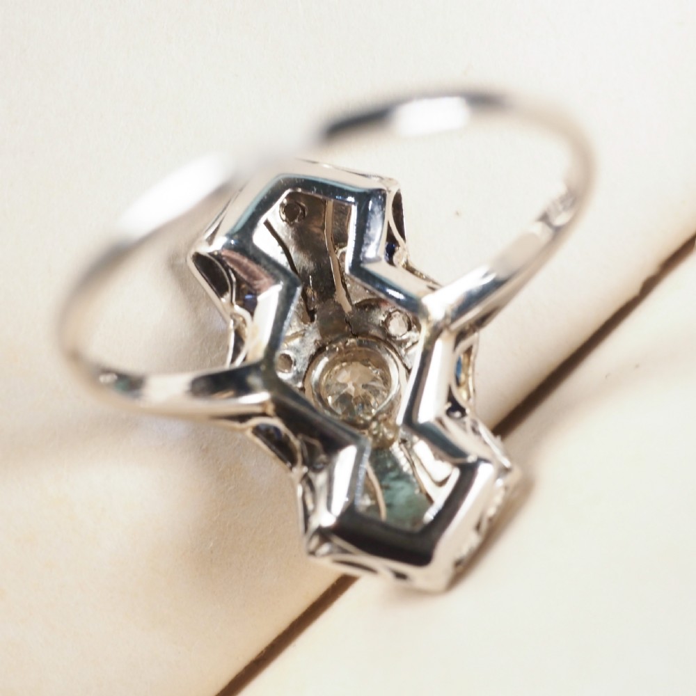 Antique Art Deco 18K White Gold Diamond & Sapphire Ring View XII