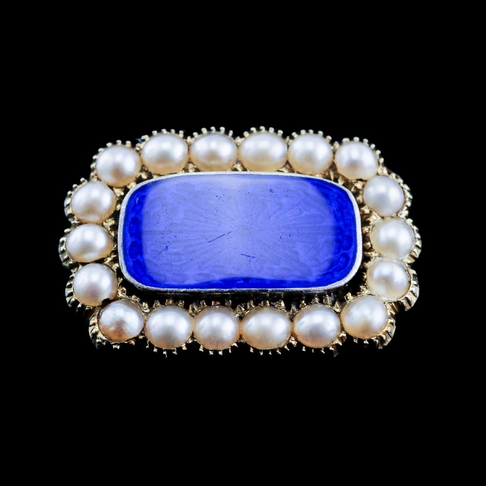 Antique Victorian 15K Gold Brooch Blue Enamel & Seed Pearl View VII