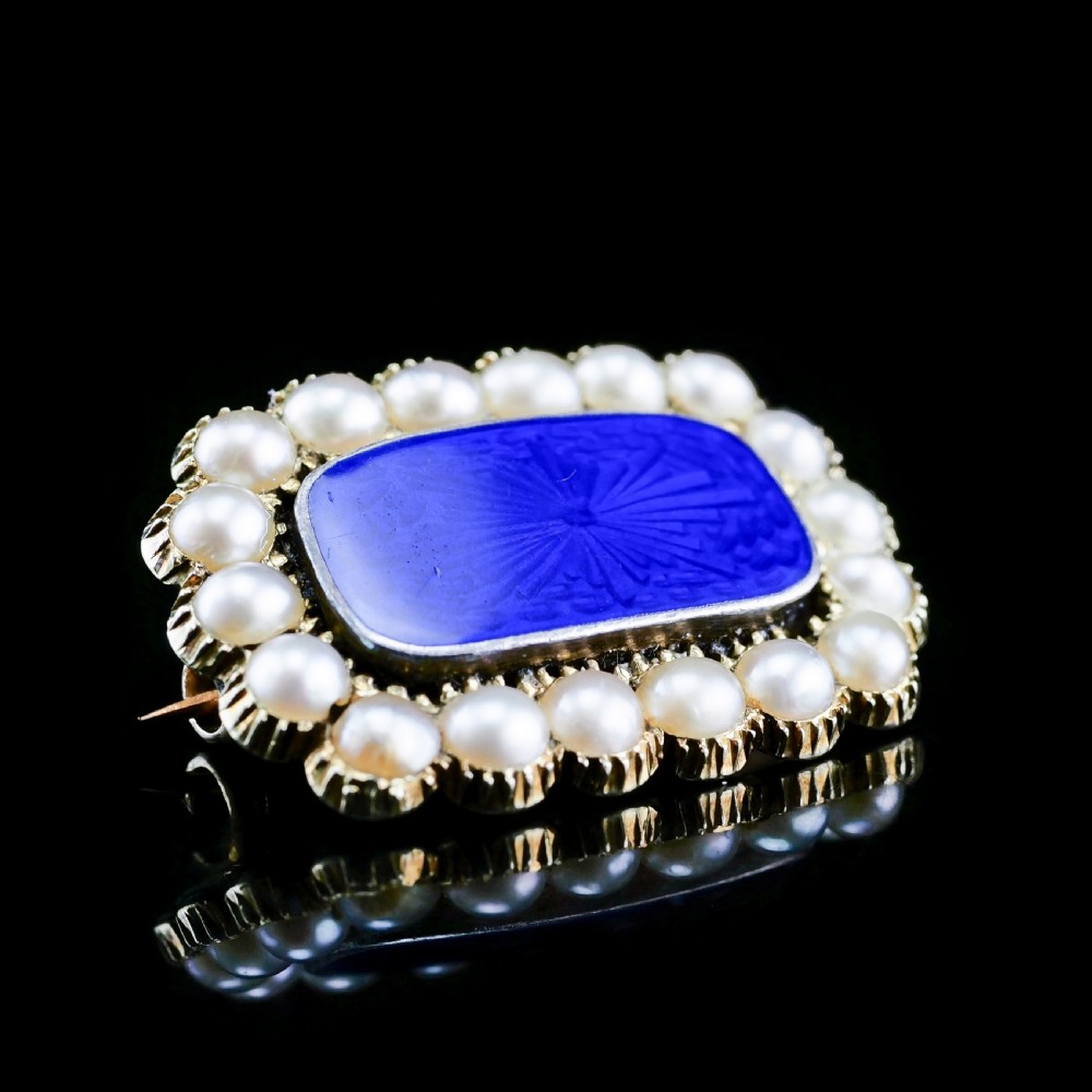 Antique Victorian 15K Gold Brooch Blue Enamel & Seed Pearl View IX