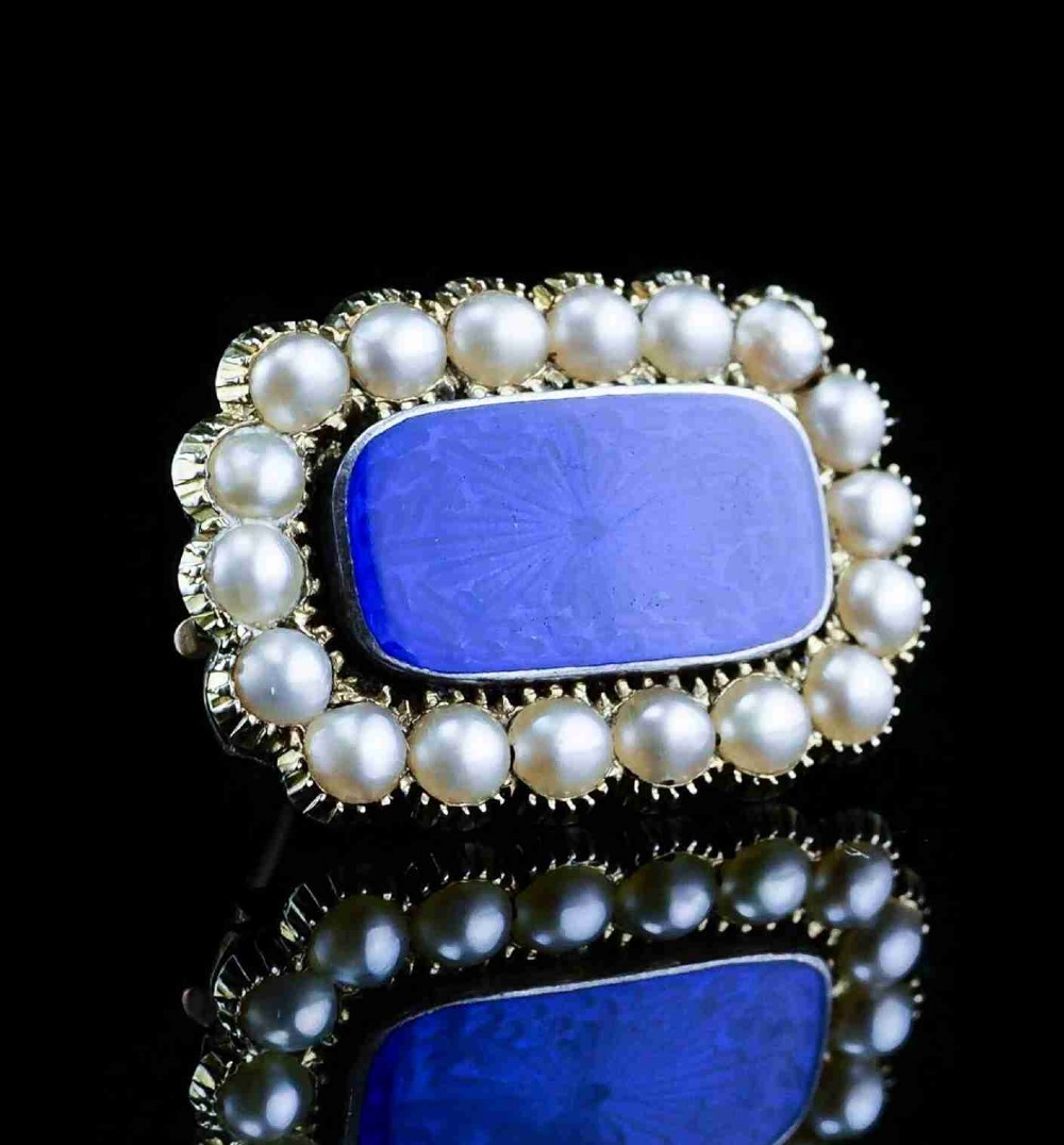 Antique Victorian 15K Gold Brooch Blue Enamel & Seed Pearl