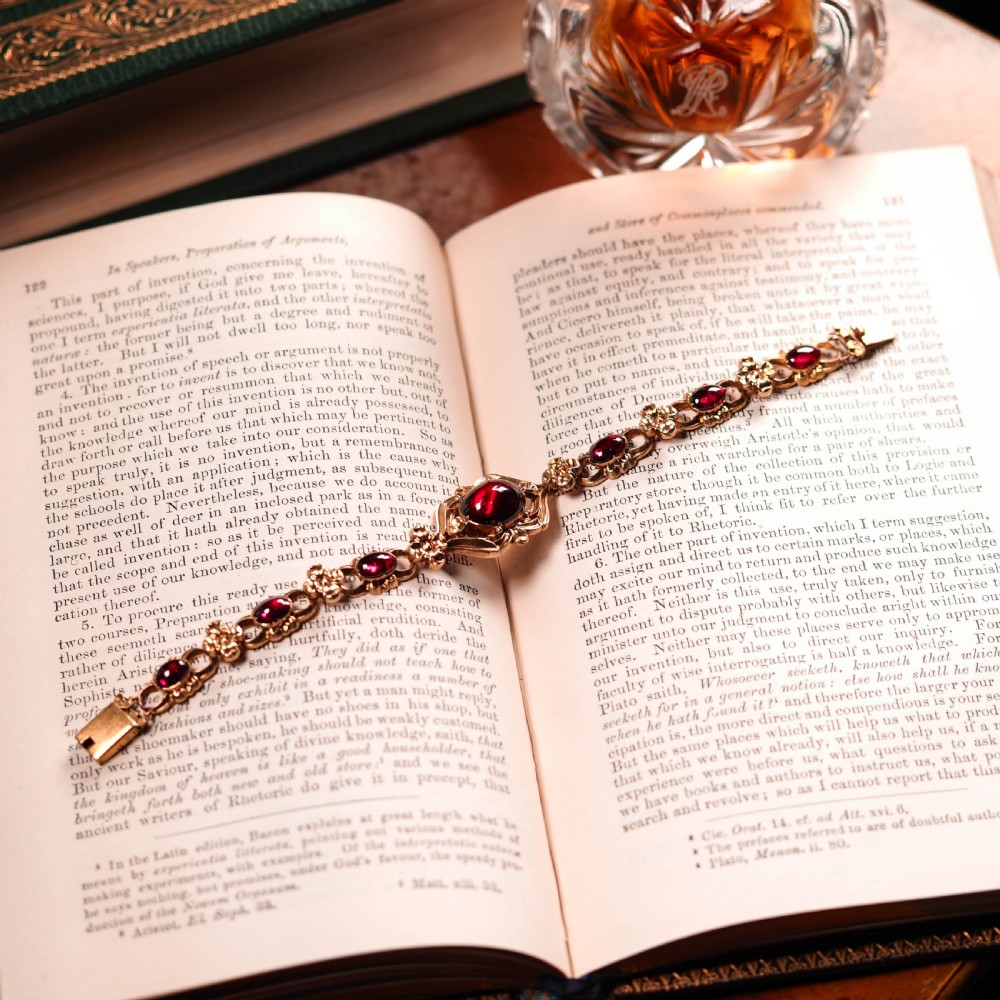 Antique Victorian 18ct Gold Garnet Cabochon Flower Bracelet - c.1840 View XX