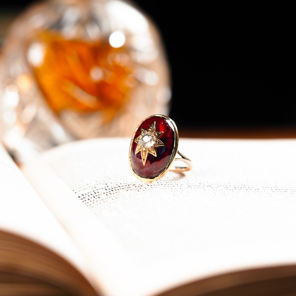 Large Antique Victorian 18ct Gold Garnet Cabochon & Diamond Star Ring - c.1860 View II
