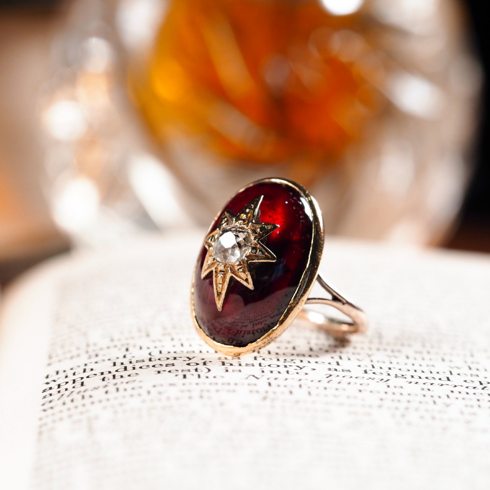 Large Antique Victorian 18ct Gold Garnet Cabochon & Diamond Star Ring - c.1860 View III