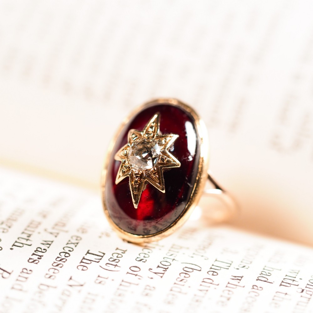 Large Antique Victorian 18ct Gold Garnet Cabochon & Diamond Star Ring - c.1860 View VI