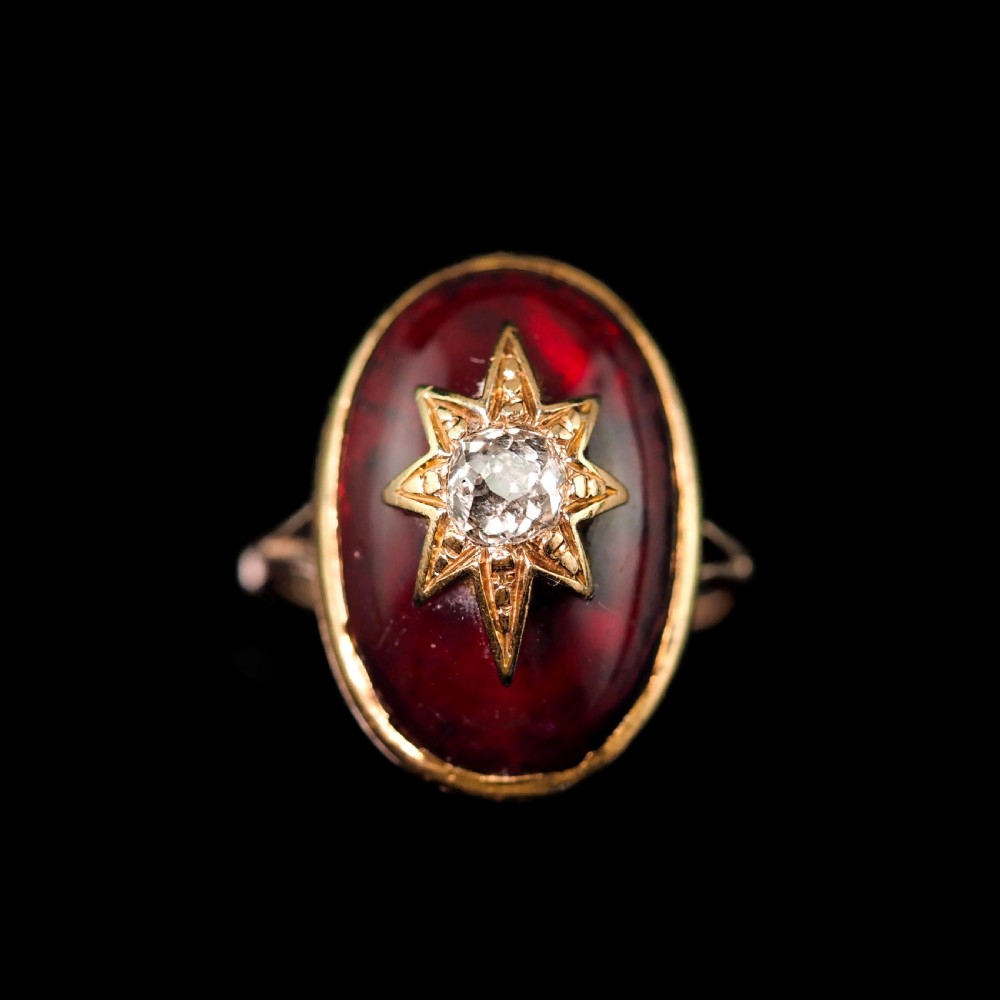 Large Antique Victorian 18ct Gold Garnet Cabochon & Diamond Star Ring - c.1860 View VII