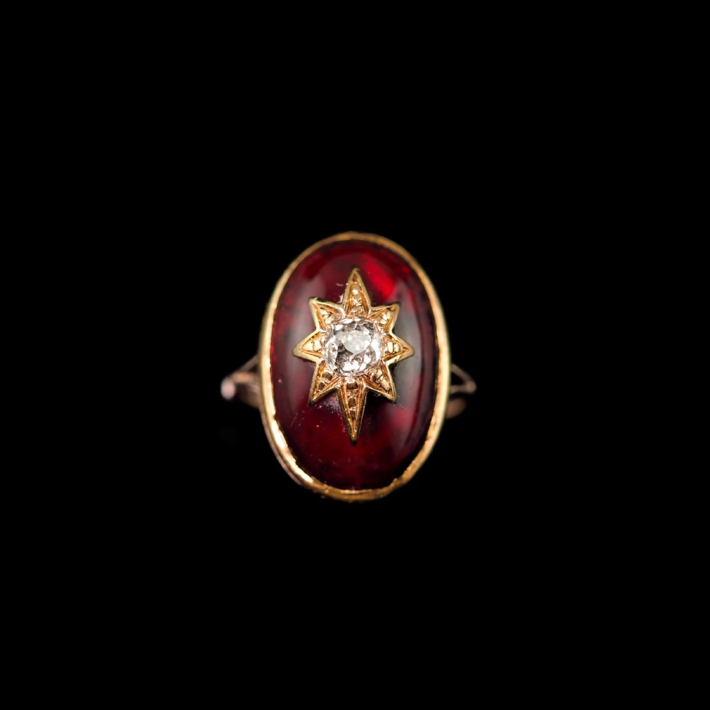 Large Antique Victorian 18ct Gold Garnet Cabochon & Diamond Star Ring - c.1860 View VIII