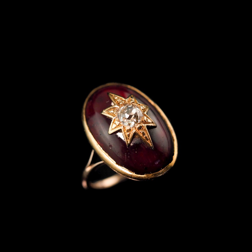 Large Antique Victorian 18ct Gold Garnet Cabochon & Diamond Star Ring - c.1860 View IX