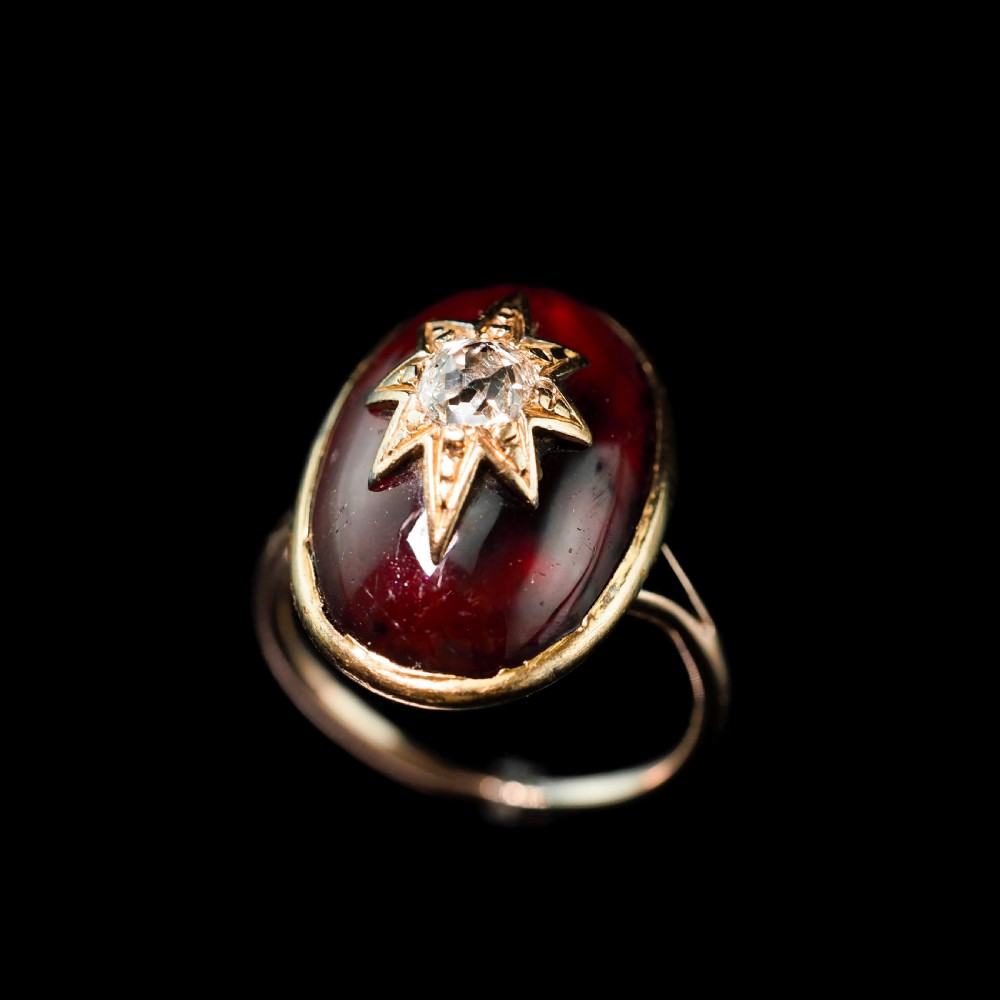 Large Antique Victorian 18ct Gold Garnet Cabochon & Diamond Star Ring - c.1860 View X
