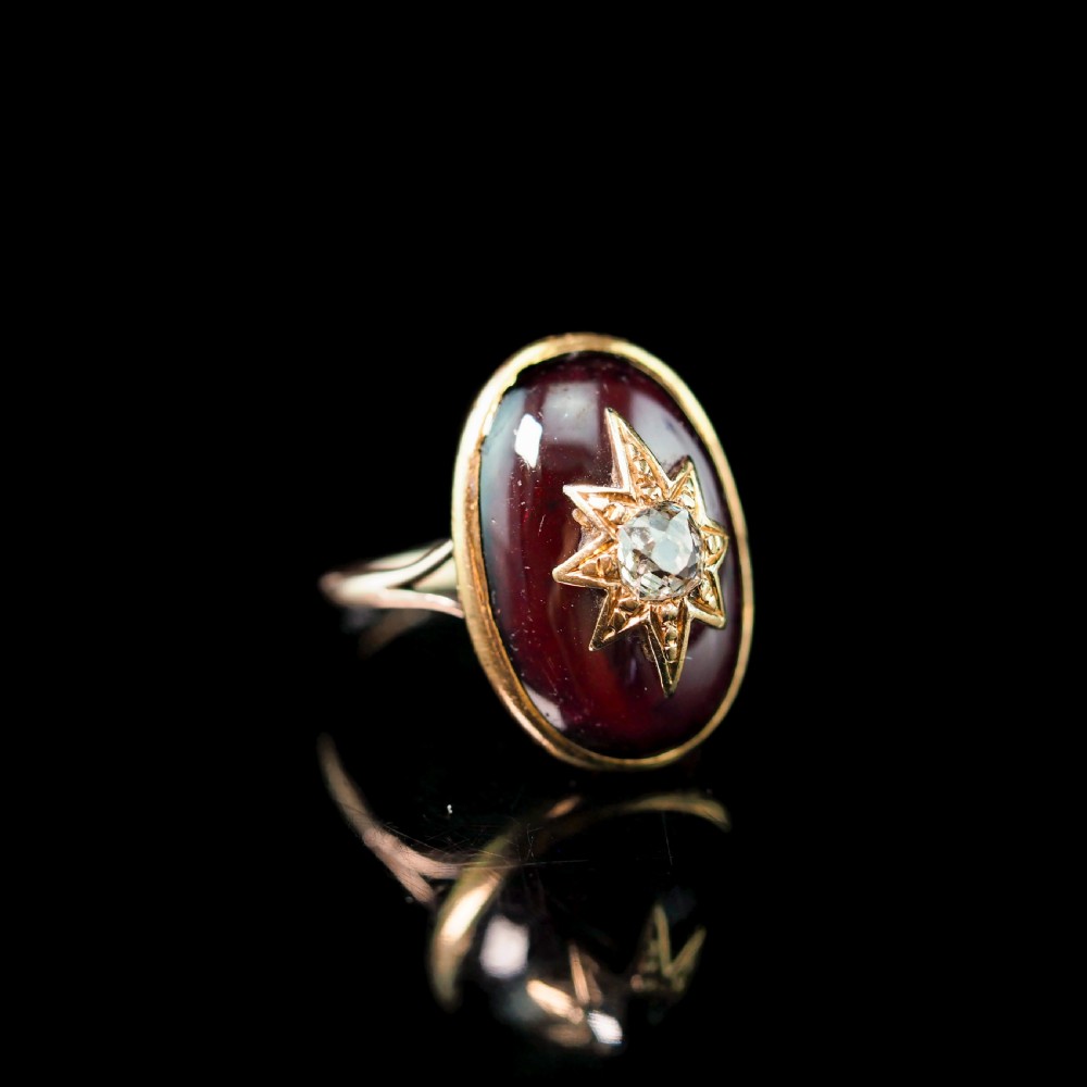 Large Antique Victorian 18ct Gold Garnet Cabochon & Diamond Star Ring - c.1860 View XI